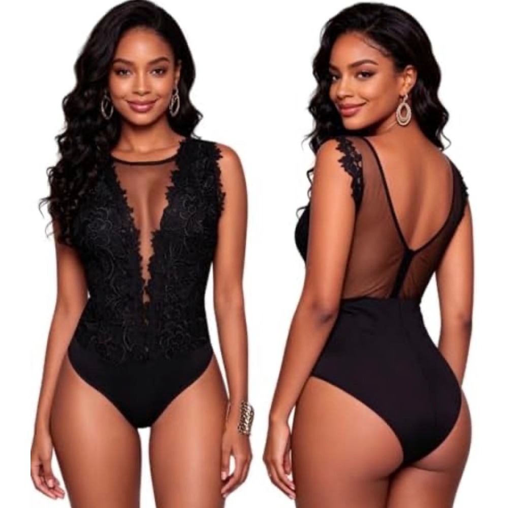 Black Floral Lace Bodysuit Sheer Mesh V-Neck Thong Snap Closure Whimsigoth